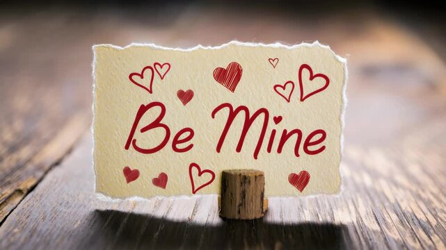 Be mine message on torn paper with heart drawings on wooden surface, romance expression for Valentine's day, love confession decorative design, handwritten affectionate note, sentimental gesture