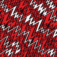 Fototapeta premium Lightning zigzag seamless pattern in red black and white, dynamic diagonal background,Electric zigzag bolt texture, energetic red and white diagonal seamless design,Jagged thunderbolt repeat, bold red