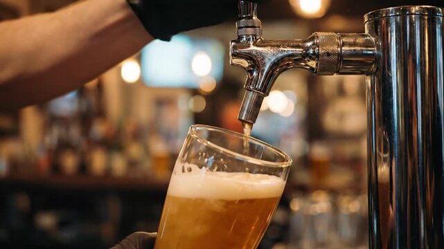 Close up of a bartender with gloves pour beer in a glass from beer tap at bar. Golden lager pour with bubbles. Refreshment served in a pub setting.  Ideal for commercial use, party, celebration or res
