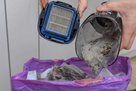 Cleaning the dust filter container in a vacuum cleaner, throwing dust into the trash