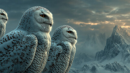 Snowy Owls in Misty Mountain Wilderness &ndash; Arctic Wildlife Scene