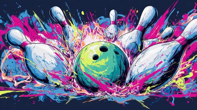 Striking Bowling Strike: A dynamic illustration captures the thrilling moment of a bowling ball colliding with pins, unleashing a burst of vibrant colors and explosive energy.