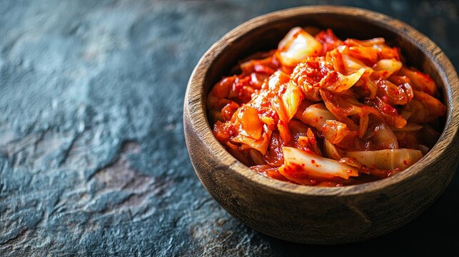 owls of assorted fermented foods with yogurt &mdash; kimchi, sauerkraut, fermented carrots, beets, pickled cucumbers, radish, onions, garlic, peppers. Top-down view, vibrant, rustic, natural light, close-up