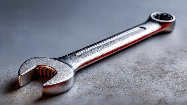 Socket wrench positioned on a textured surface, showcasing its polished metal finish and detailed design, captured with softbox lighting for enhanced clarity and depth