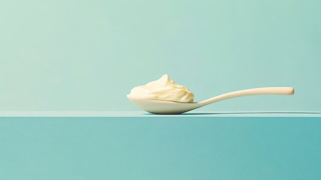 yogurt in a spoon, minimalist style, modern food photography, clean background, natural light, close-up, creamy texture, simple and elegant