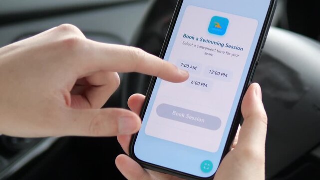 a person using a smartphone to schedule a swimming session while sitting in a car. The user navigates through a clean mobile interface, selects a time slot, and prepares to book.