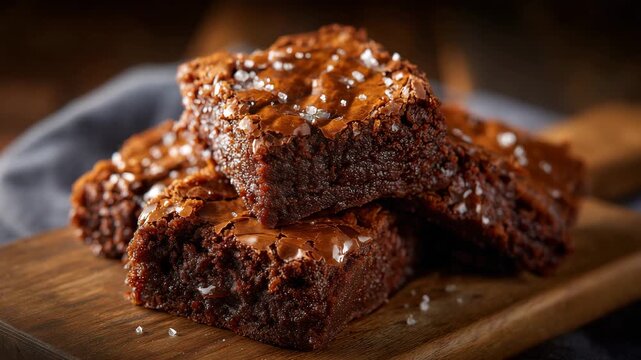 Close-up of stacked chocolate brownies, glossy cracked tops, dense fudgy interiors peeking through, soft ambient light highlighting moisture and richness, irresistible dessert scen