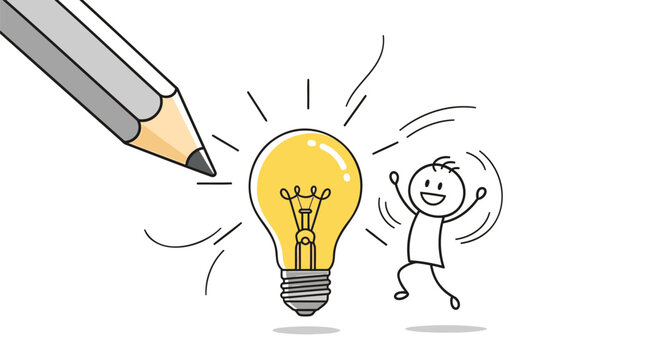 Stick figure excited by pencil drawing a bright shining light bulb idea