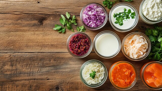 owls of assorted fermented foods with yogurt &mdash; kimchi, sauerkraut, fermented carrots, beets, pickled cucumbers, radish, onions, garlic, peppers. Top-down view, vibrant, rustic, natural light, close-up