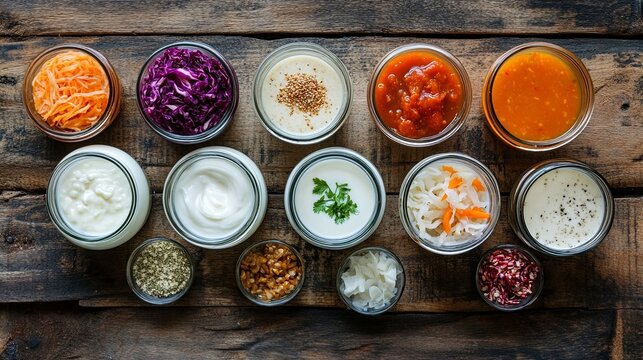 owls of assorted fermented foods with yogurt &mdash; kimchi, sauerkraut, fermented carrots, beets, pickled cucumbers, radish, onions, garlic, peppers. Top-down view, vibrant, rustic, natural light, close-up