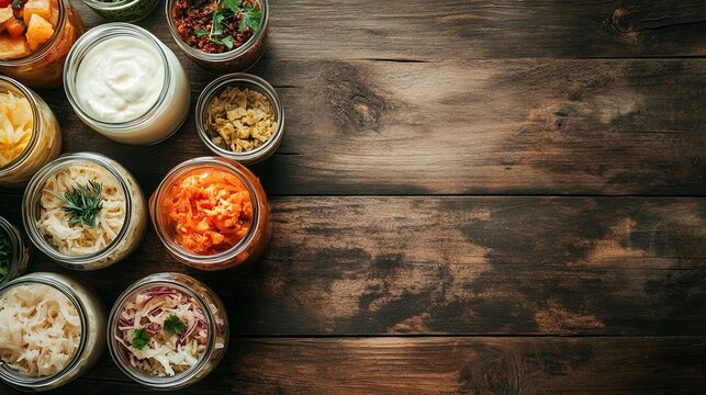 owls of assorted fermented foods with yogurt &mdash; kimchi, sauerkraut, fermented carrots, beets, pickled cucumbers, radish, onions, garlic, peppers. Top-down view, vibrant, rustic, natural light, close-up