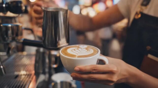 Female barista making coffee latte art at night street cafe