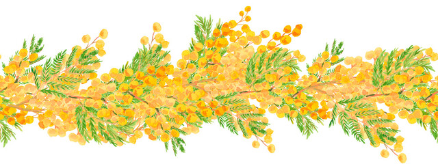 Obraz premium Seamless watercolor pattern features delicate golden mimosa branches with lush green leaves. Perfect for spring celebrations, wedding invitations, Mother's Day cards, home decor, or fabric designs