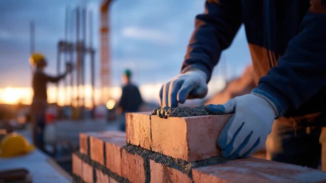 Worker&rsquo;s hands in heavy gloves placing a brick precisely on a mortar-covered wall, warm evening light softens the scene, background shows blurred construction site silhouettes, rea