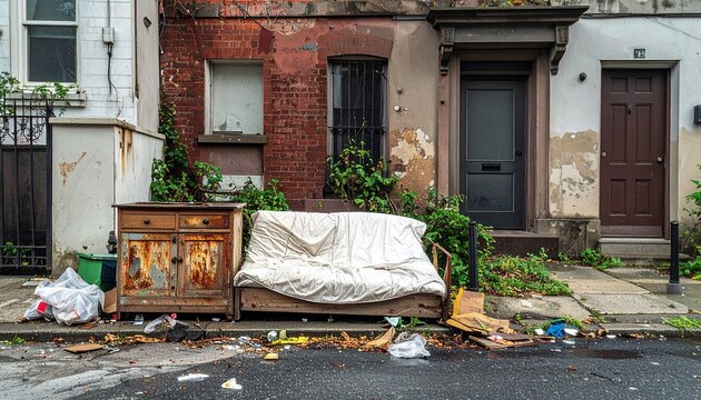Abandoned furniture and trash on the street in front of dilapidated houses viewed from across the road