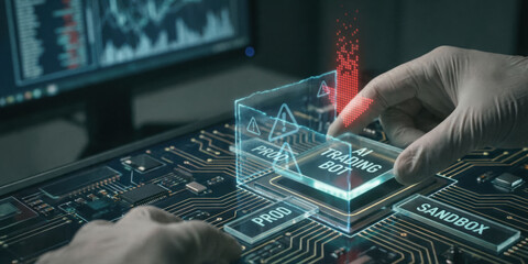 AI trading bot concept with data leakage warning on circuit board highlighting ai risk and data breach in technology security