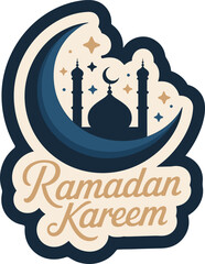 Ramadan Kareem with mosque illustration, crescent moon, and stars