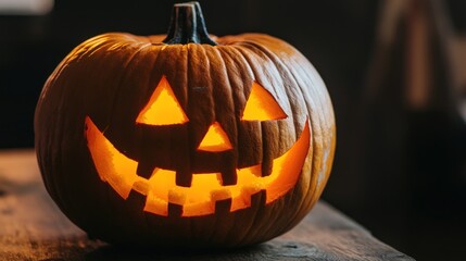 Obraz premium Illuminated Jack-o'-lantern on wooden table.