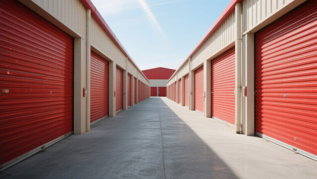 A long row of red storage units with roll-up doors, aligned symmetrically on both sides of a concrete pathway under a clear blue sky