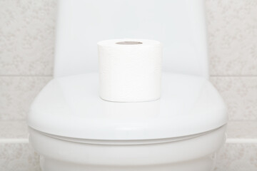 Roll of new soft white toilet paper on toilet lid. Hygiene concept. Closeup. Front view.
