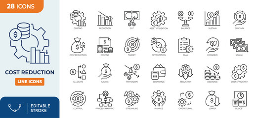 Obraz na płótnie Canvas Cost Reduction line editable icon set. Editable stroke. Vector illustration