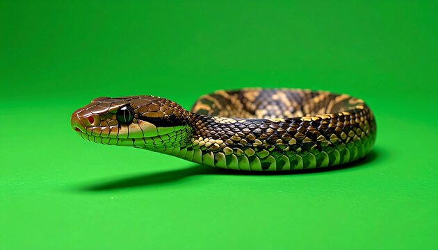 Detailed Close-Up of a Snake on a Green Background.