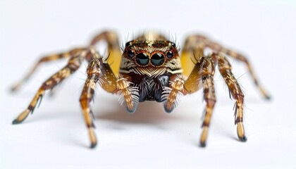 Detailed close-up of a vibrant jumping spider on white background.