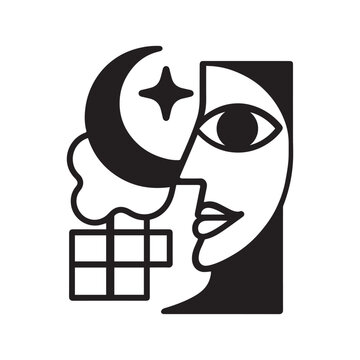 An abstract cubist portrayal of a face gazing towards a celestial moon and shining star