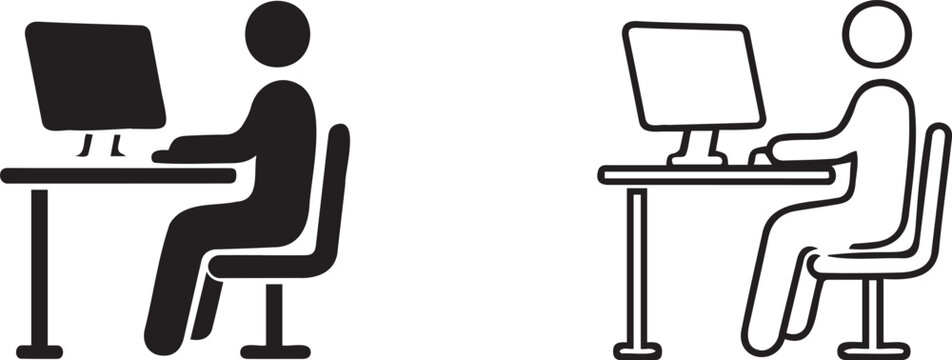 Person Working at Computer Desk Black and White Icon Set