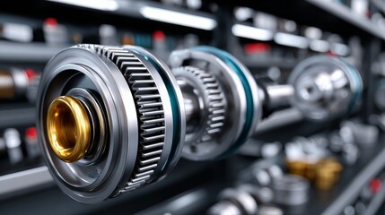 Fototapeta premium Close-up view of metallic car transmission components with intricate gears and bearings displayed on a shelf in a modern automotive parts store, showcasing precision engineering and design
