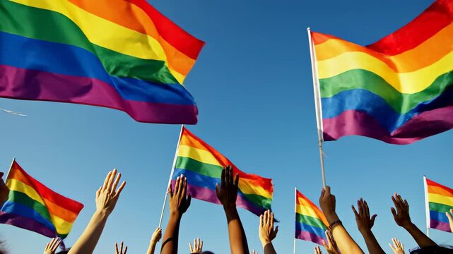 Diverse hands waving colorful rainbow flags high against a clear blue sky in cinematic slow motion, celebrating lgbtq plus community unity, pride month, and human rights with joy.