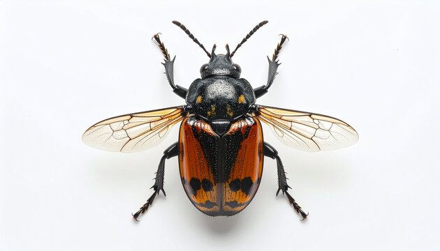 Calligrapha Philadelphica beetle with wings spread on white background.