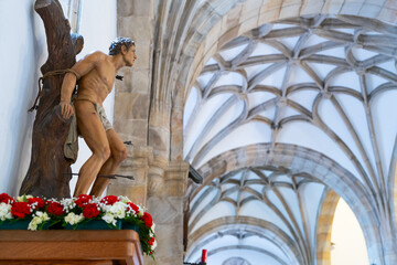 Obraz premium Details of the interior of the Church of San Sebastian in Reinosa, in the Campoo-Los Valles region, Cantabria, Spain, Europe