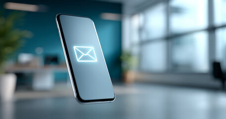 Modern smartphone displaying glowing email icon floating in environment with blurred background and natural light