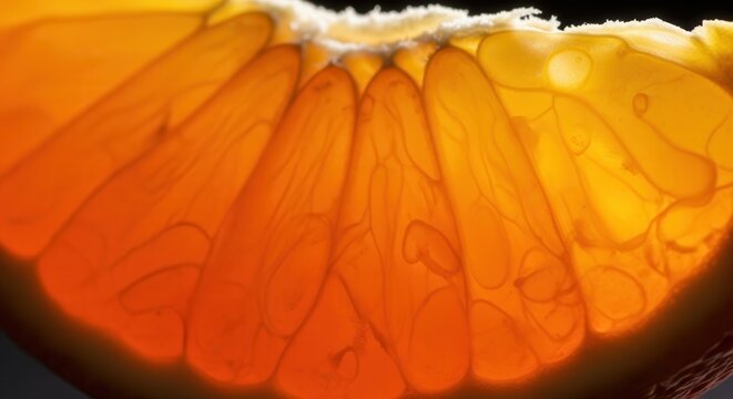 Vibrant close-up of a perfectly translucent orange segment glowing with natural light and juicy