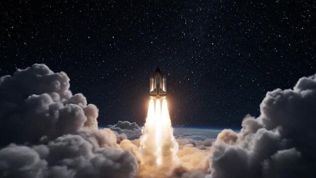 Nighttime rocket launch rising through dramatic clouds into space.