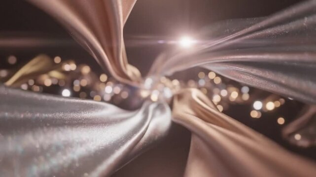 Close-up of shiny metallic fabric with a blurred background of golden lights, showcasing a modern and luxurious texture with a cinematic lighting