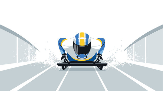 Dynamic bobsledding athlete racing on ice track in minimal style