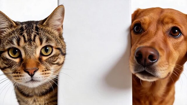 Cat and dog peeking from side