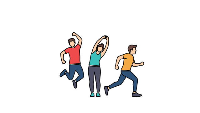 Energetic people in dynamic poses with bright outfits and active movements