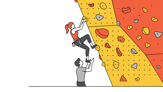 Indoor rock climbing adventure with female climber in sporty outline style