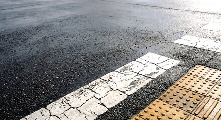 Fototapeta premium Tactile paving curb ramp and worn crosswalk marking close up
