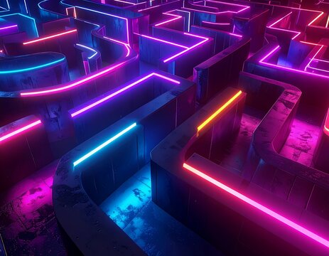 Abstract Neon Labyrinth Maze with Glowing Blue and Pink Lights.