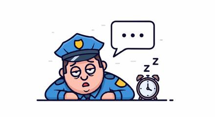 Tired Police Officer Sleeping on Duty with Alarm Clock.