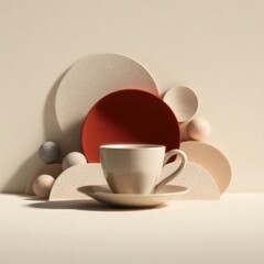 Minimal coffee cup with abstract geometric shapes and soft warm light on neutral background