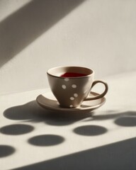 Minimal ceramic cup with polka dot light shadows and warm sunlight on neutral background