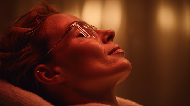 Woman with safety glasses receiving red light therapy for skin rejuvenation. Anti-aging treatment for beauty and skincare. Dermatology concept for spa or clinic.