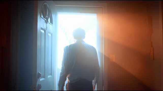 Man Walking Toward Bright Light Through a Doorway