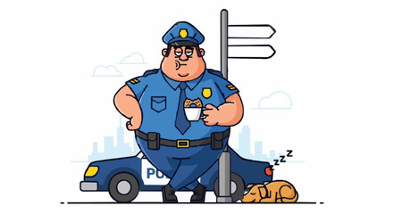 Tired Policeman Holding Coffee Cup Leaning on Signpost Near Patrol Car and Sleeping Dog.