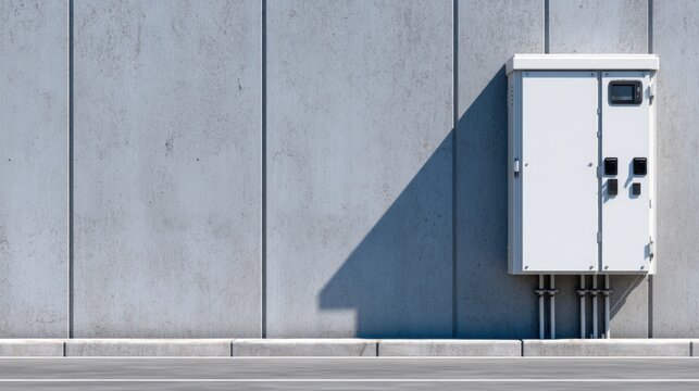A plain gray concrete wall with a white electrical cabinet on the right, casting an angled shadow on the wall